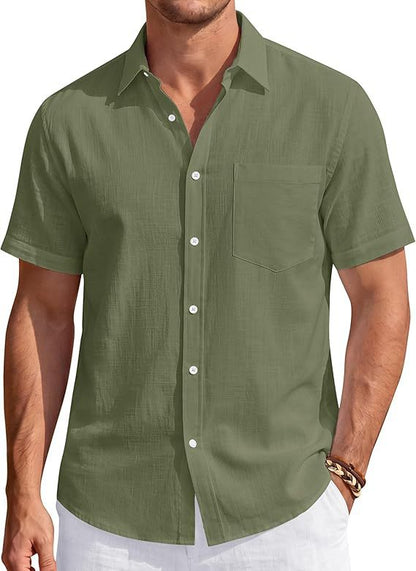 Mens Cotton Linen Short Sleeve Shirt