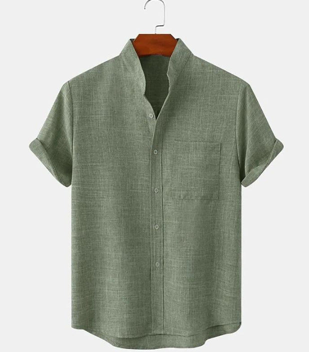 Mens Cotton Linen Stand Collar Shirt