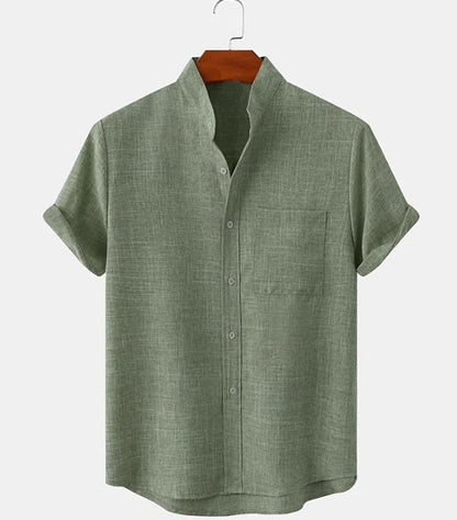 Mens Cotton Linen Stand Collar Shirt
