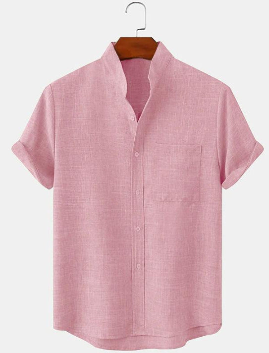 Mens Cotton Linen Stand Collar Shirt