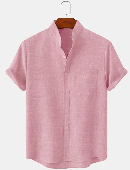 Mens Cotton Linen Stand Collar Shirt