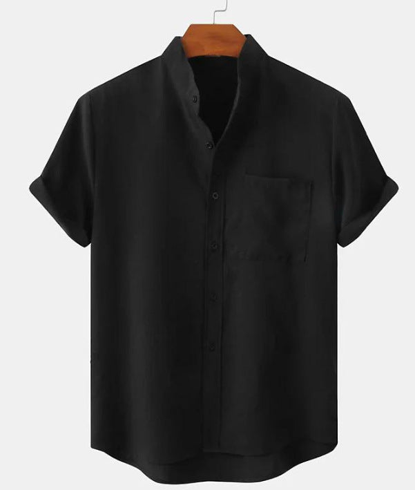 Mens Cotton Linen Stand Collar Shirt