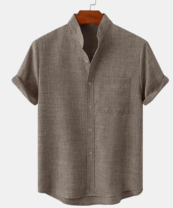 Mens Cotton Linen Stand Collar Shirt
