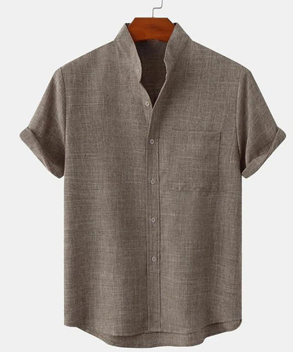 Mens Cotton Linen Stand Collar Shirt