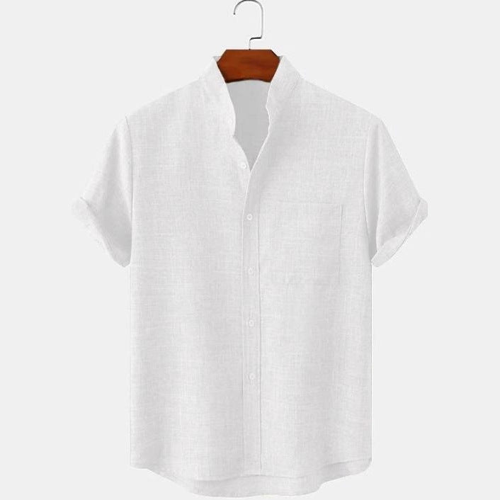 Mens Cotton Linen Stand Collar Shirt