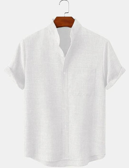 Mens Cotton Linen Stand Collar Shirt