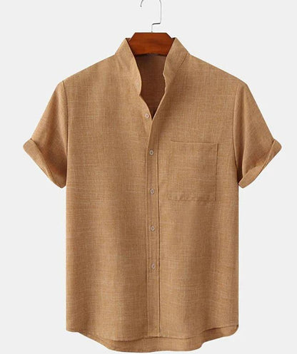 Mens Cotton Linen Stand Collar Shirt