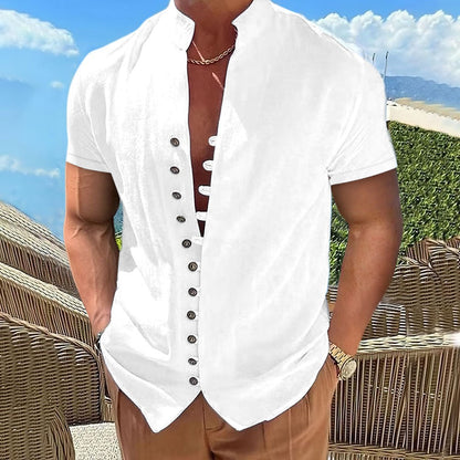 Mens Cotton Linen Stand Collar Short Sleeve Shirt