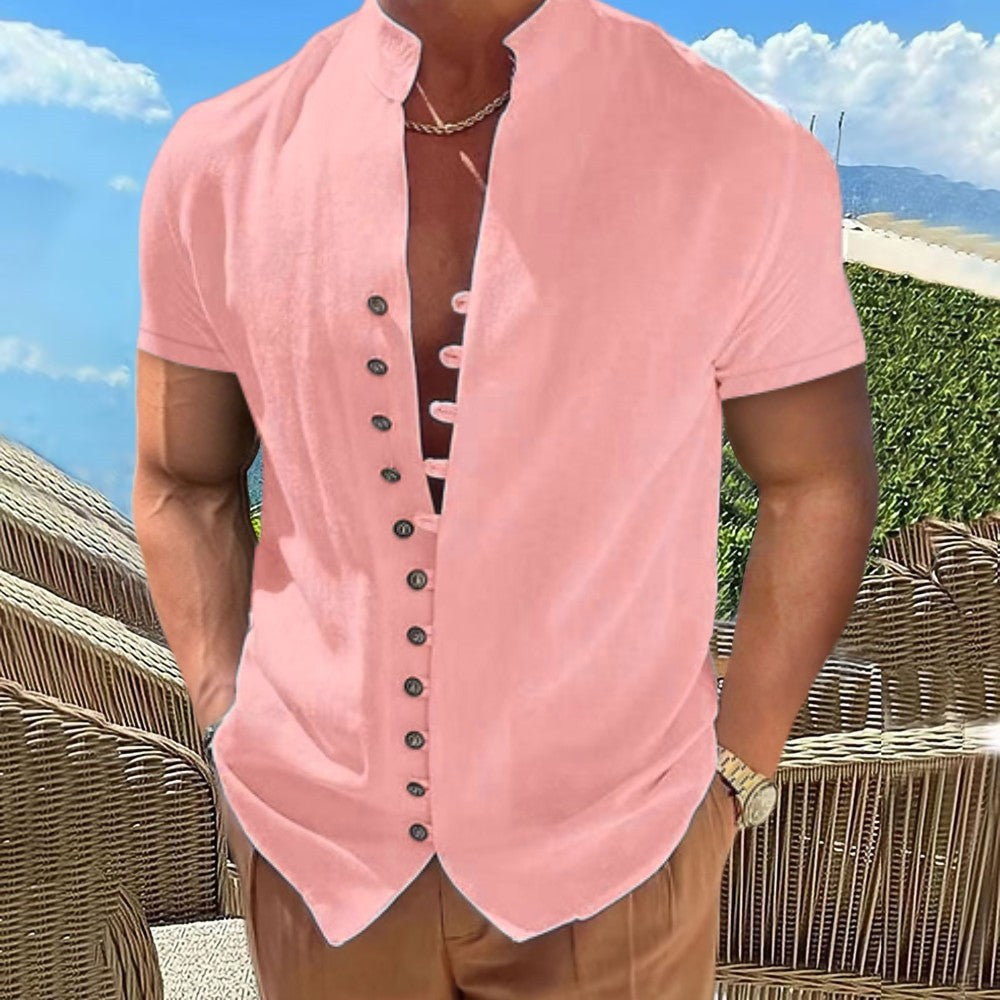 Mens Cotton Linen Stand Collar Short Sleeve Shirt
