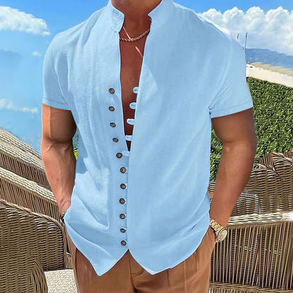 Mens Cotton Linen Stand Collar Short Sleeve Shirt