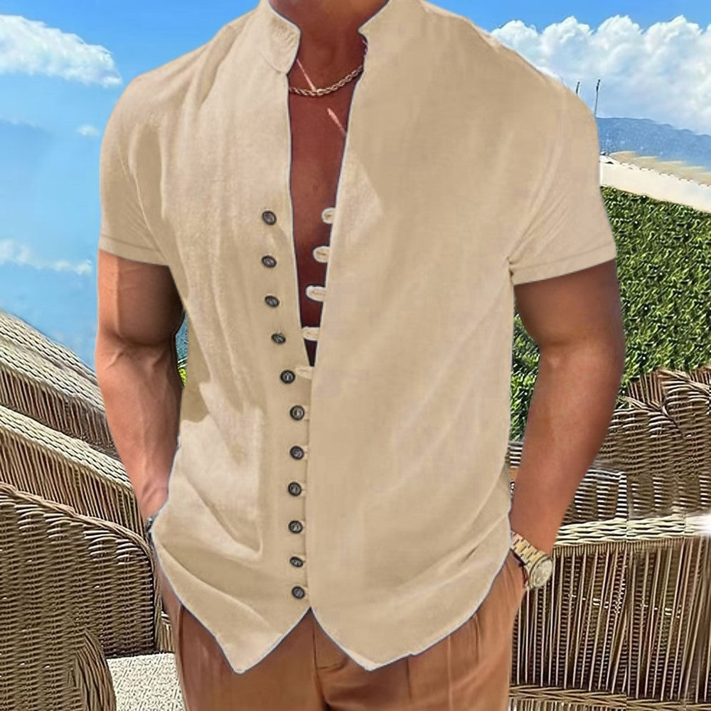 Mens Cotton Linen Stand Collar Short Sleeve Shirt