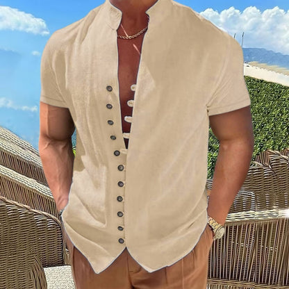 Mens Cotton Linen Stand Collar Short Sleeve Shirt