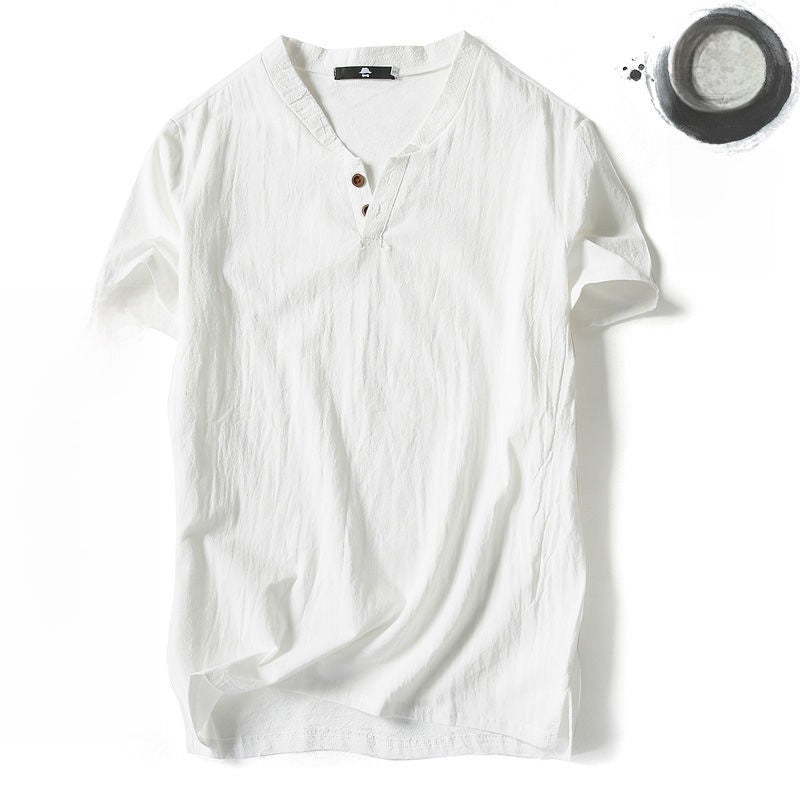 Mens Cotton Linen V-neck T-shirt