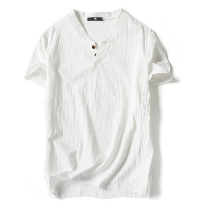 Mens Cotton Linen V-neck T-shirt