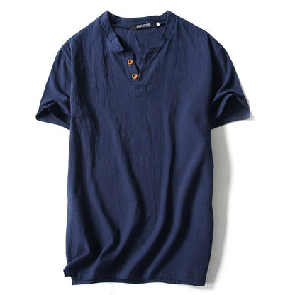 Mens Cotton Linen V-neck T-shirt