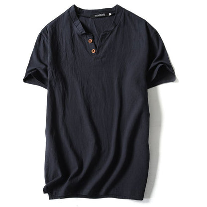 Mens Cotton Linen V-neck T-shirt