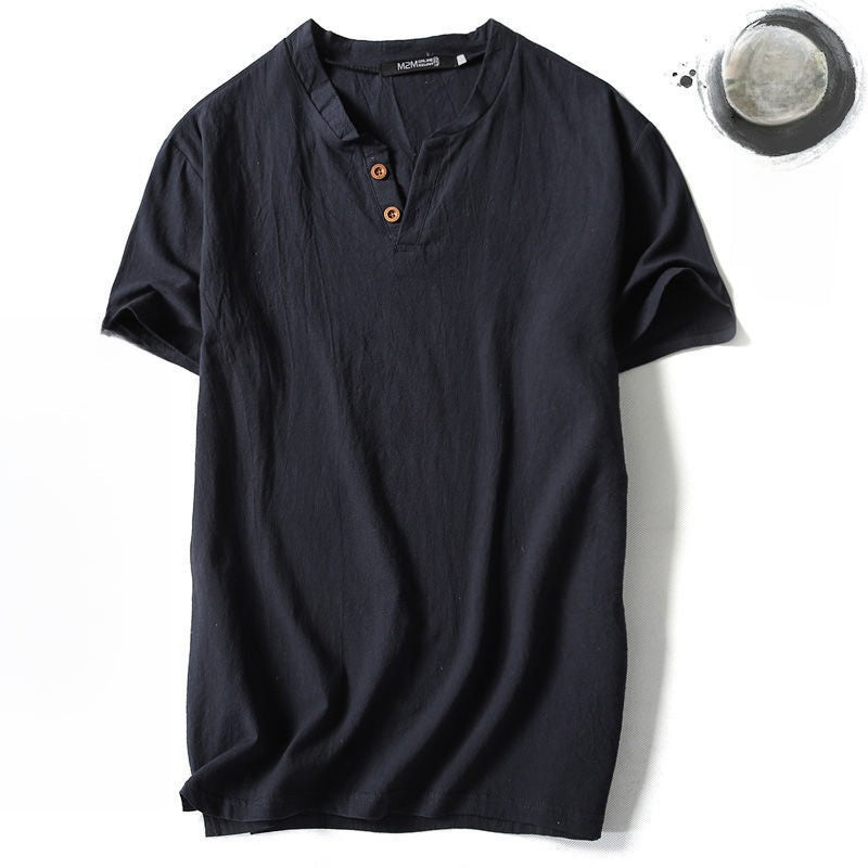 Mens Cotton Linen V-neck T-shirt