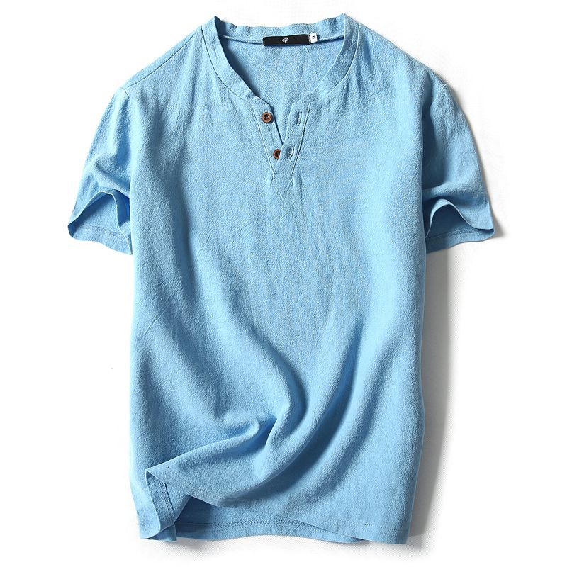 Mens Cotton Linen V-neck T-shirt