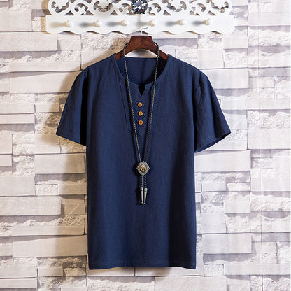 Mens Cotton Linen V-neck T-shirt