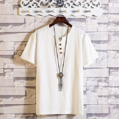 Mens Cotton Linen V-neck T-shirt