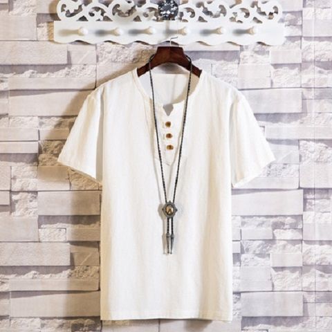 Mens Cotton Linen V-neck T-shirt