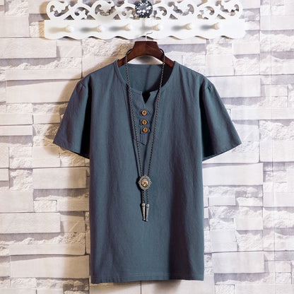 Mens Cotton Linen V-neck T-shirt