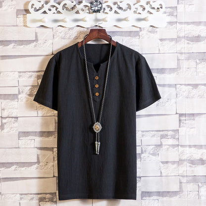 Mens Cotton Linen V-neck T-shirt