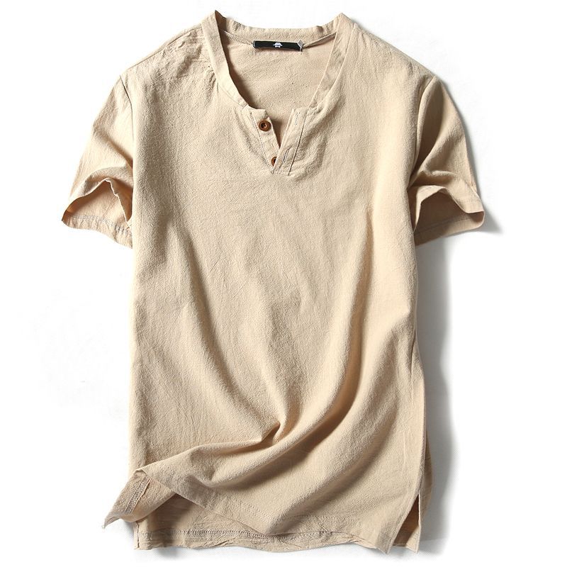 Mens Cotton Linen V-neck T-shirt