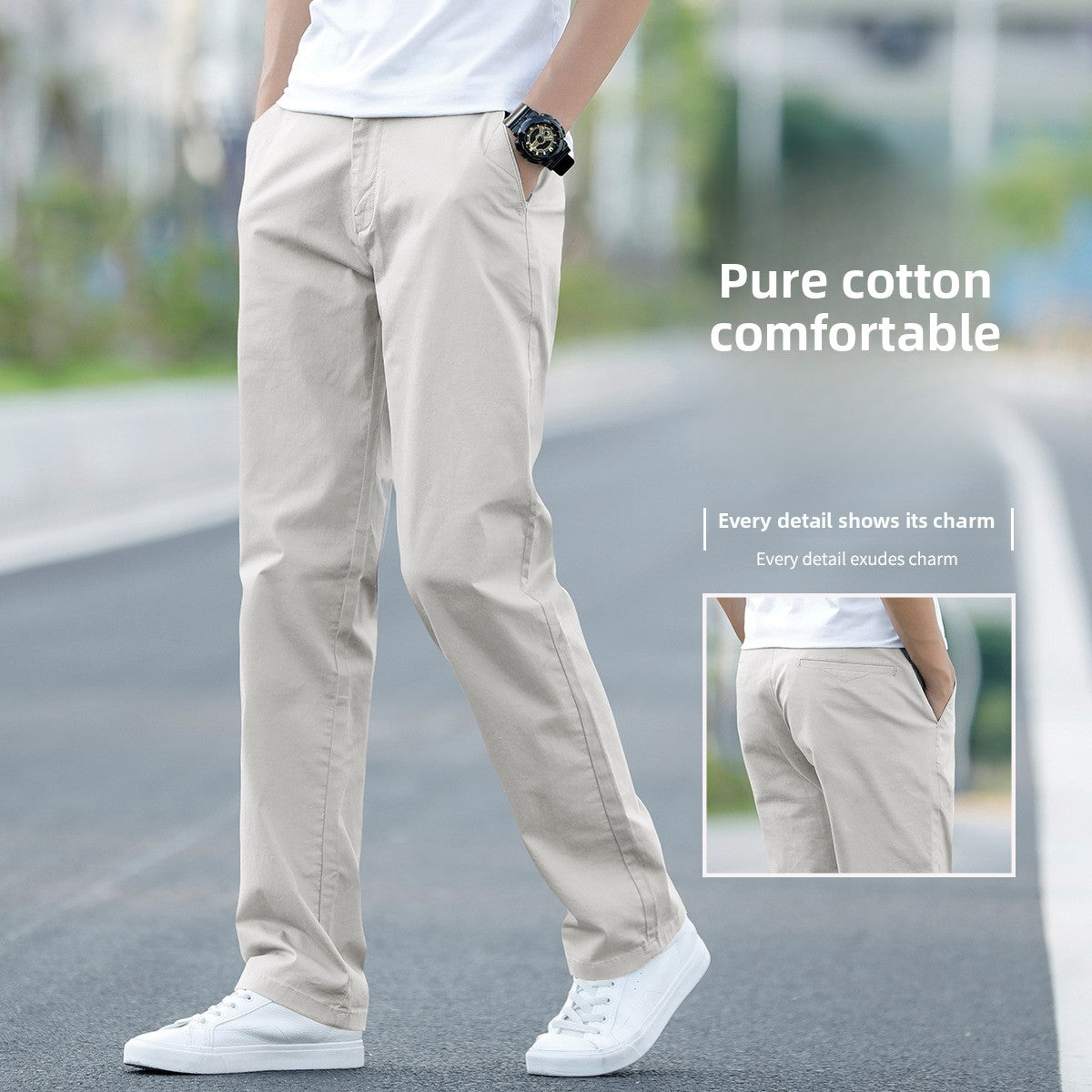 Mens Cotton Loose Straight Leg Casual Pants