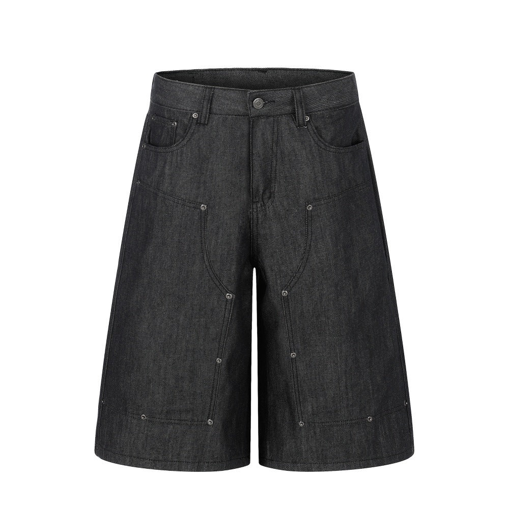 Mens Denim Cropped Pants Wide Leg Straight Shorts