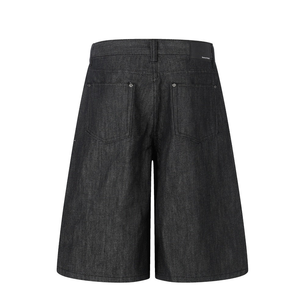 Mens Denim Cropped Pants Wide Leg Straight Shorts