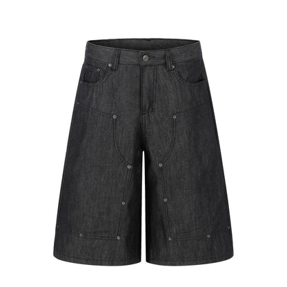 Mens Denim Cropped Pants Wide Leg Straight Shorts
