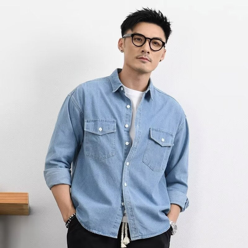 Mens Denim Shirt Loose Fit Long Sleeve