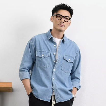Mens Denim Shirt Loose Fit Long Sleeve