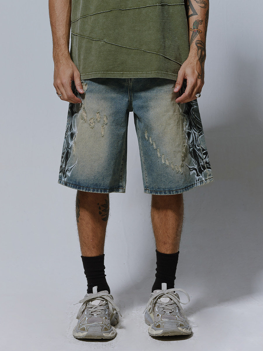 Mens Distressed Spray-Print Denim Shorts