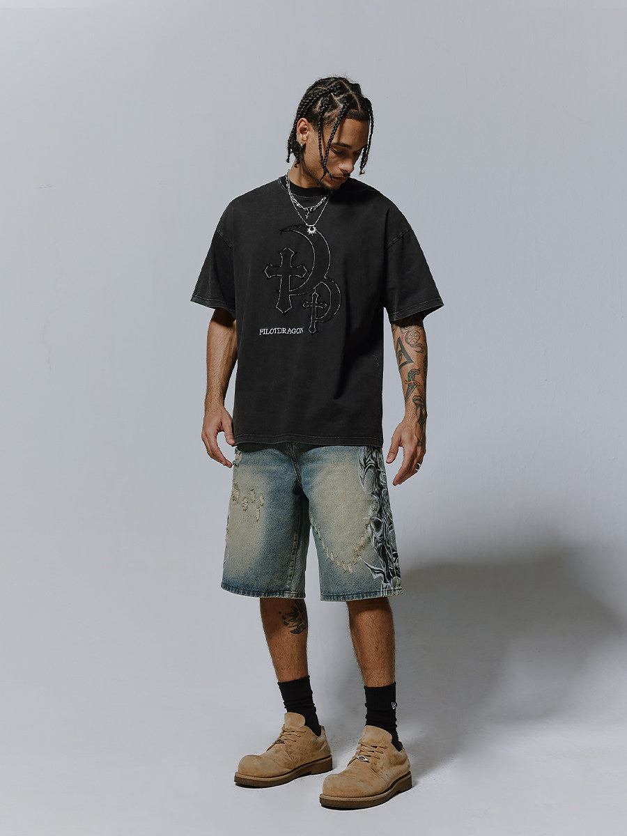 Mens Distressed Spray-Print Denim Shorts