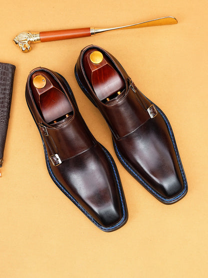 Mens Double Buckle Monk Leather Shoes