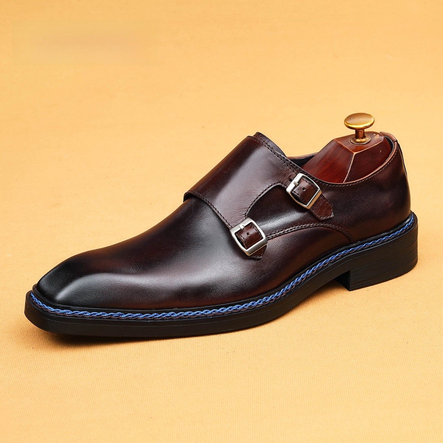 Mens Double Buckle Monk Leather Shoes