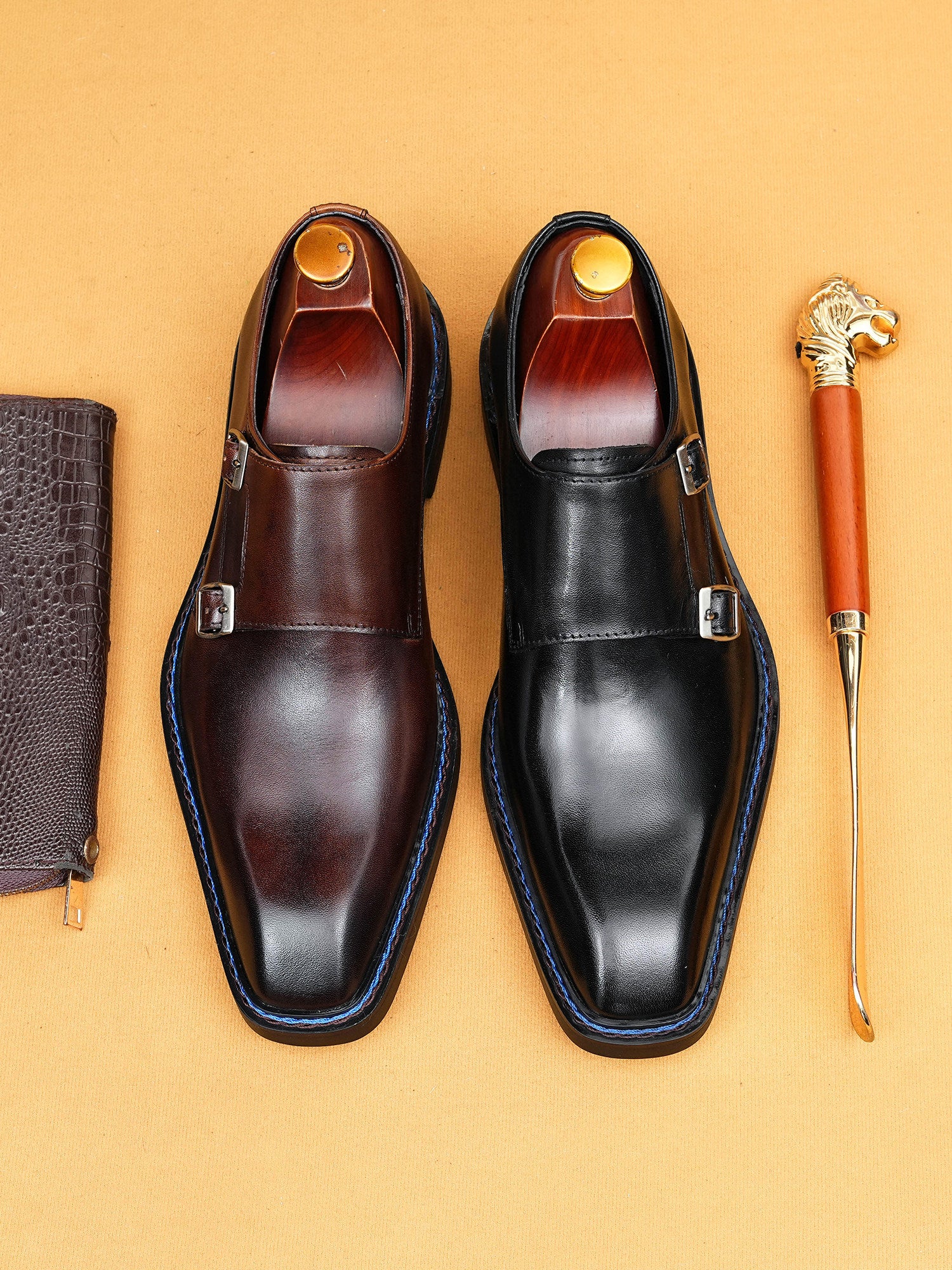 Mens Double Buckle Monk Leather Shoes