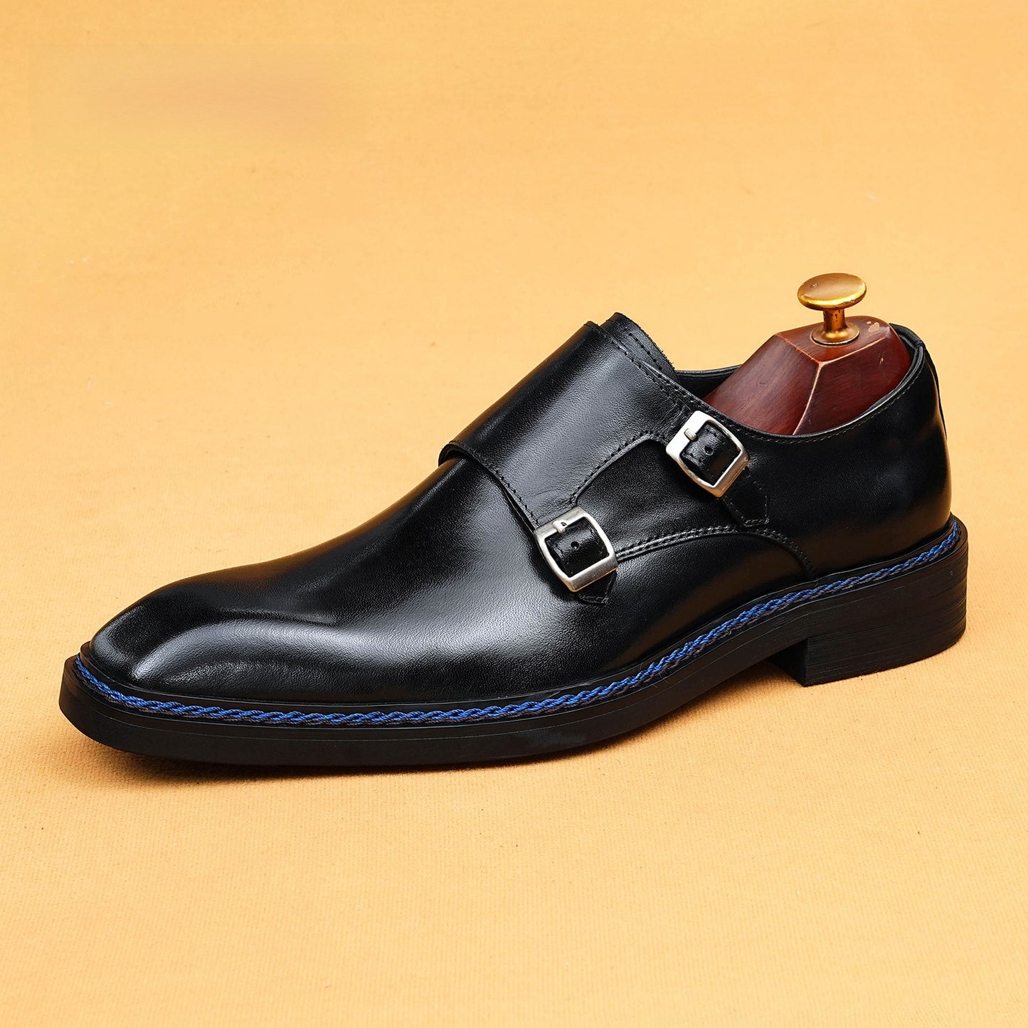 Mens Double Buckle Monk Leather Shoes