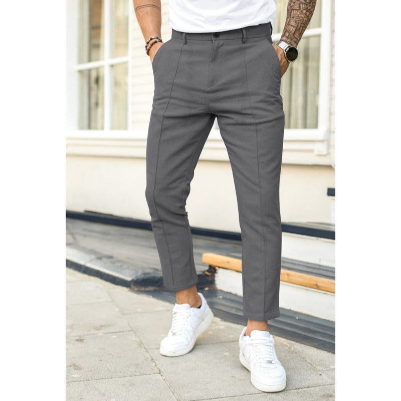 Mens Double-Fold Solid Color Casual Trousers