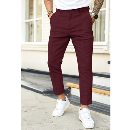 Mens Double-Fold Solid Color Casual Trousers