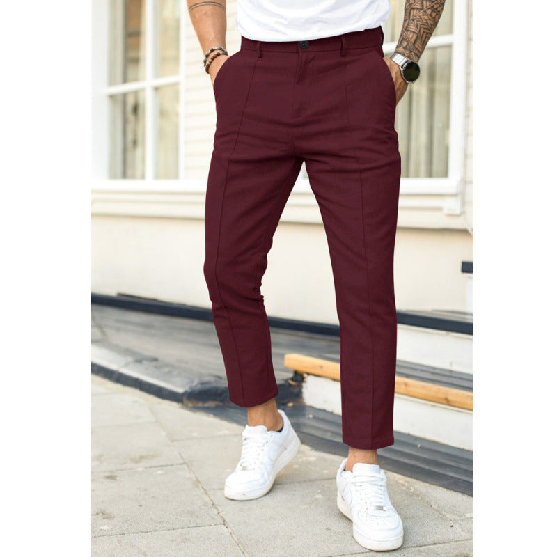Mens Double-Fold Solid Color Casual Trousers