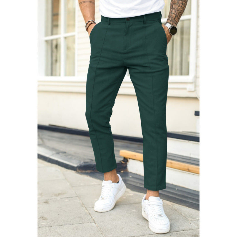 Mens Double-Fold Solid Color Casual Trousers