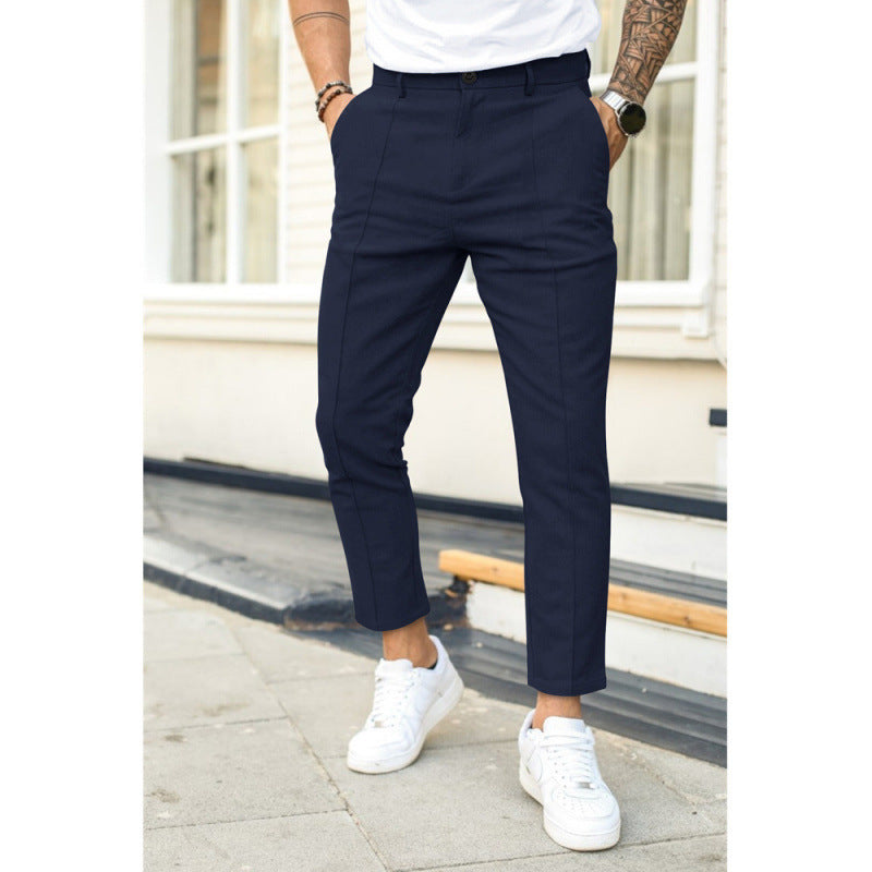 Mens Double-Fold Solid Color Casual Trousers