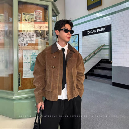 Mens Faux Suede Work Jacket with Airplane Buckle