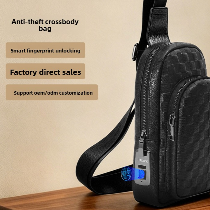 Mens Fingerprint Lock Leather Chest Bag