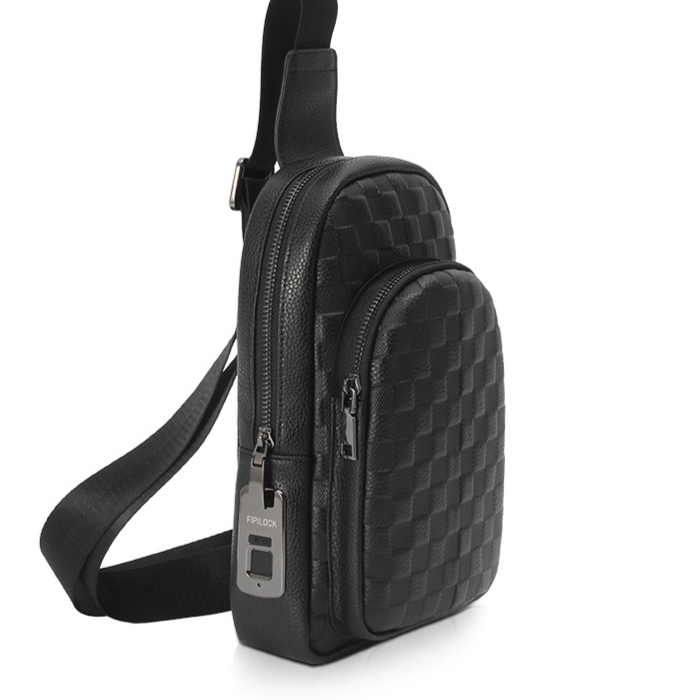 Mens Fingerprint Lock Leather Chest Bag