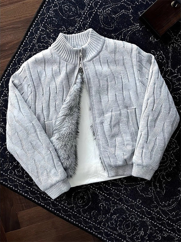 Mens Fleece Lined Cable Knit Cardigan