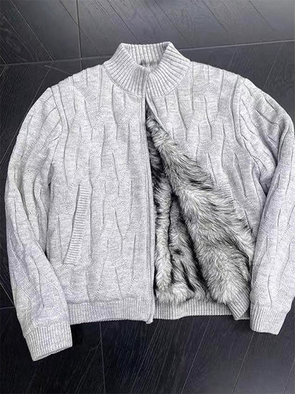 Mens Fleece Lined Cable Knit Cardigan